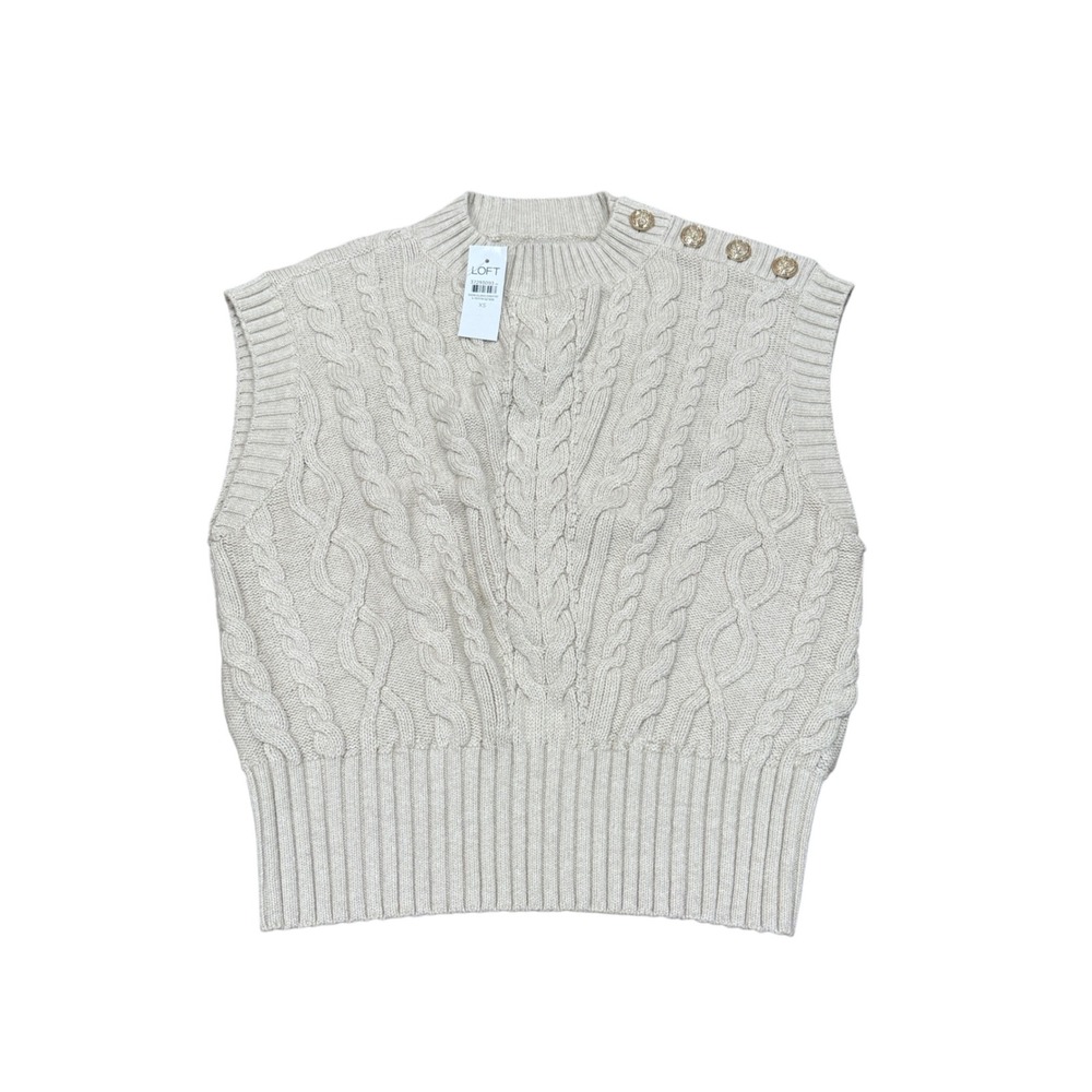 LOFT Womens Cream Cable Knit Cotton Sweater Vest XS NWT Neutral Staple Preppy